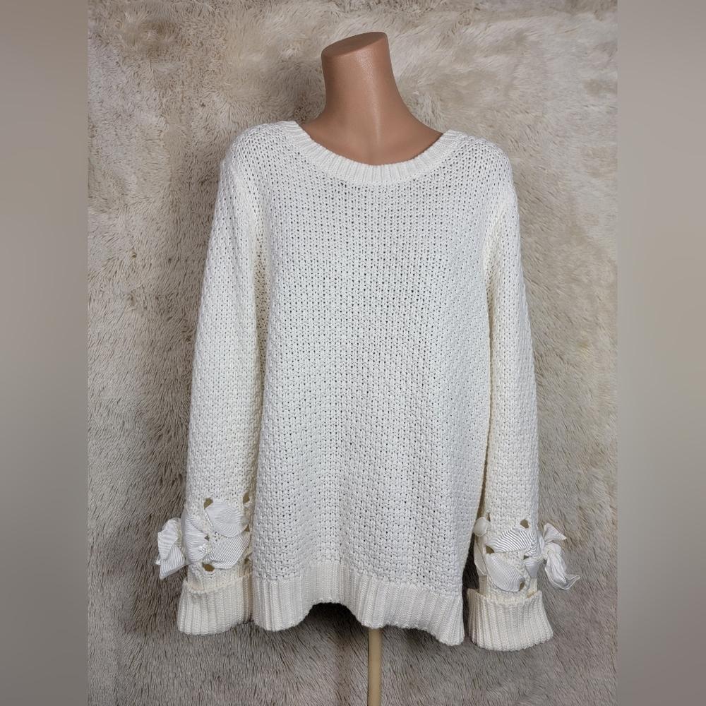 Kaari Blue Women's Size XL Sweater Pullover Cable Open Knit Chunky White Bows J